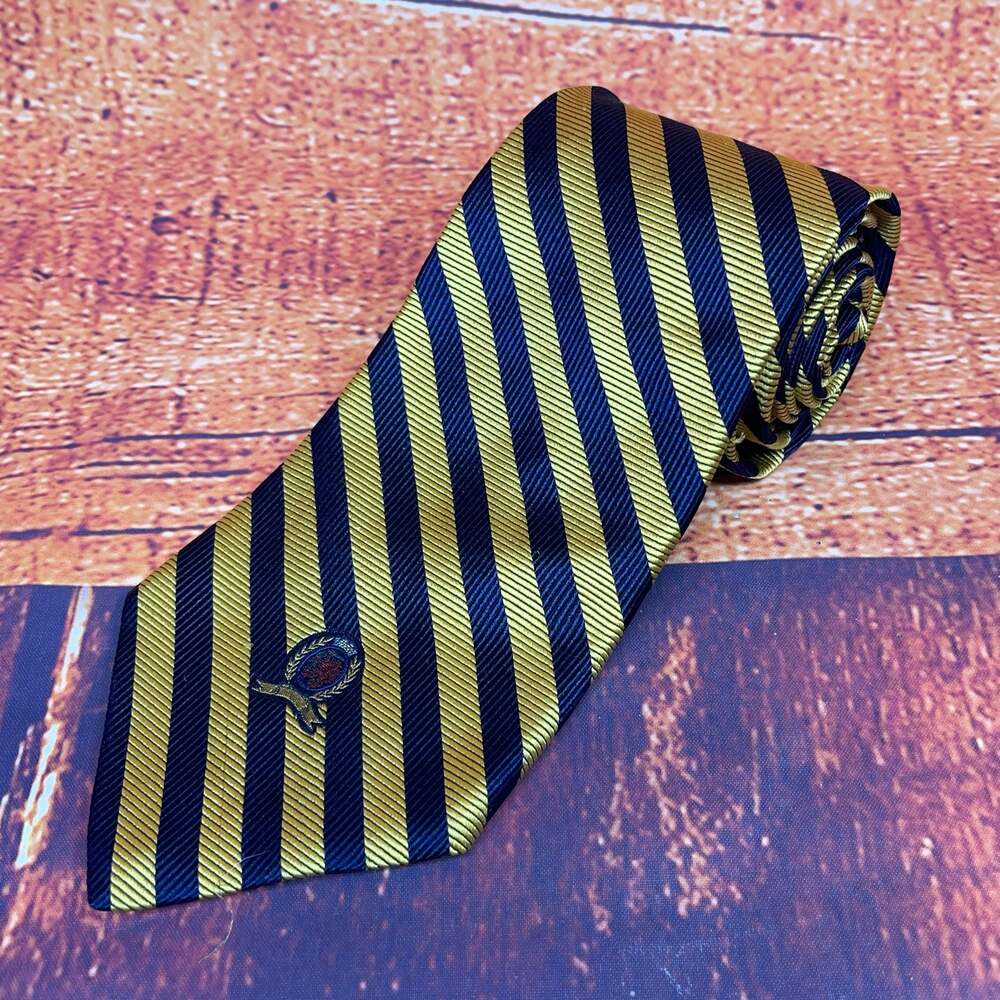 Tommy Hilfiger Navy and Gold Striped Silk Necktie 4”